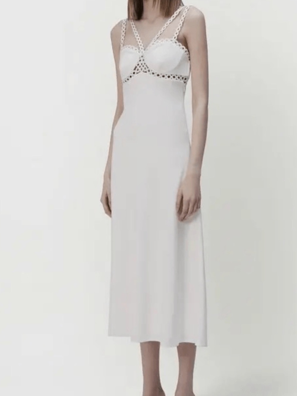 Jonathan Simkhai Sz 2 Dress White Lace-Trim Midi Sevilla cady Minimalist Luxury。